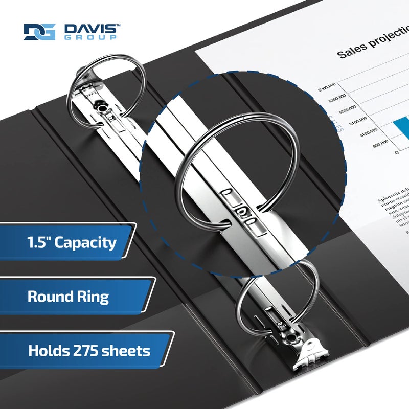 Davis Group مجلدات Easyview Premium ذات 3 حلقات مع أغطية شفافة وحلقات دائرية، مجلدات للمدرسة أو المكتب، 1.5 بوصة، عبوة من 6 قطع، أسود - Image 2